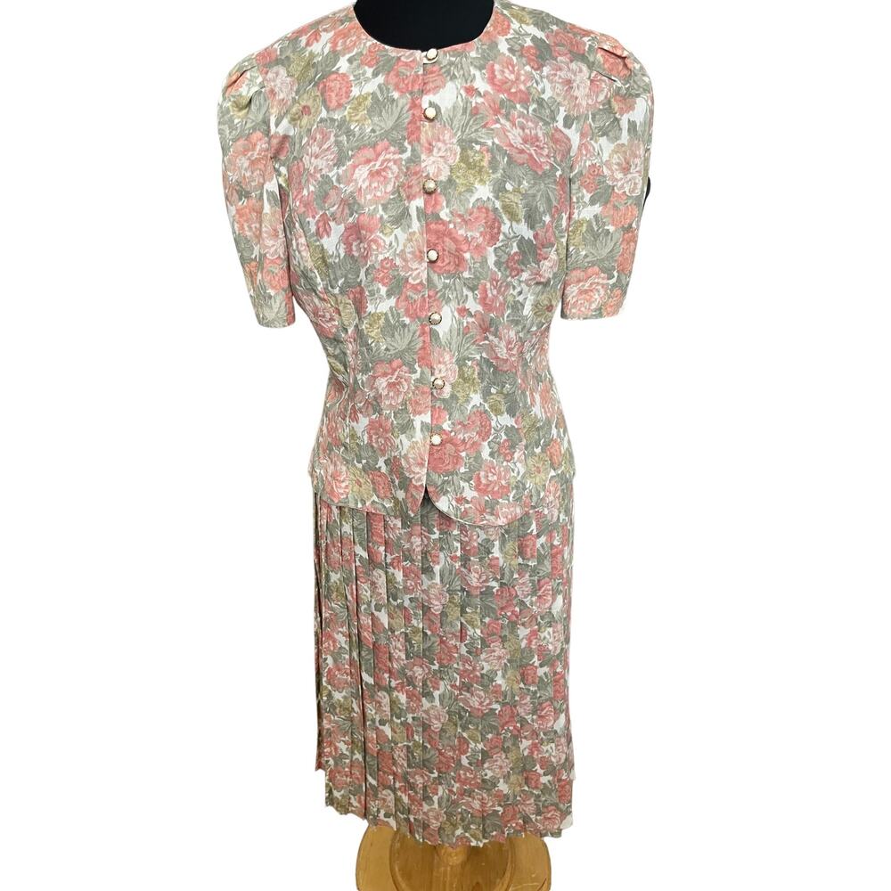 Vintage 80s Stuart Alan Pink White Floral Pleated Top Skirt Set 14 Large Cottage